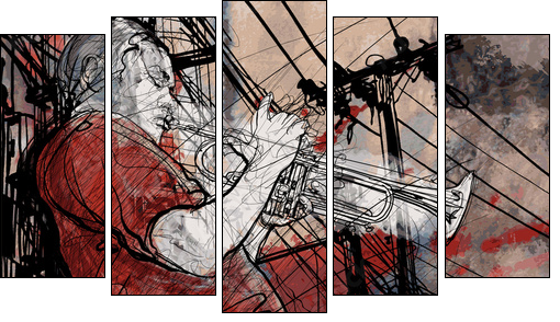 trumpeter on a grunge cityscape background  - Obraz pięcioczęściowy, Pentaptyk