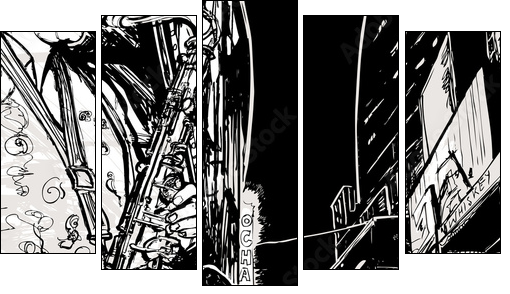 saxophonist playing saxophone in a street  - Obraz pięcioczęściowy, Pentaptyk