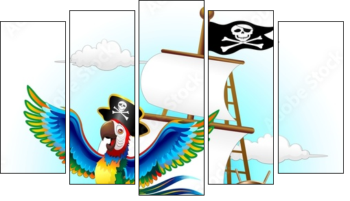 Pappagallo su Nave Pirata Cartoon Pirate Macaw Parrot on Ship  - Obraz pięcioczęściowy, Pentaptyk
