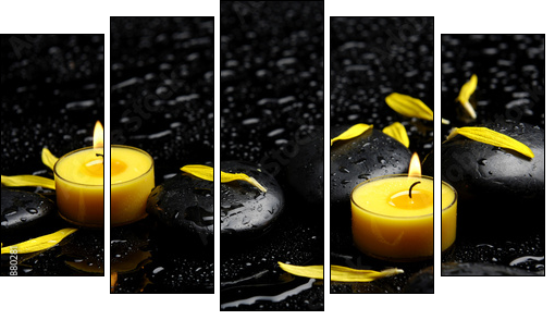 Spa concept-two candle with yellow flower petals on pebbles  - Obraz pięcioczęściowy, Pentaptyk