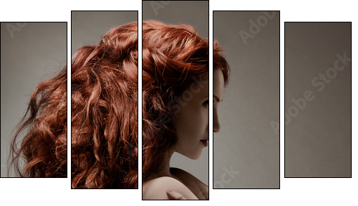 Beautiful woman with curly hairstyle against gray background  - Obraz pięcioczęściowy, Pentaptyk