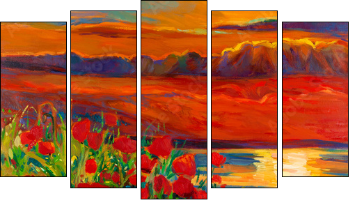 Poppy and ocean  - Obraz pięcioczęściowy, Pentaptyk