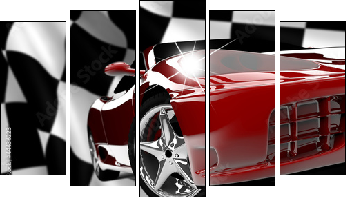 Red car on a checkered flag  - Obraz pięcioczęściowy, Pentaptyk