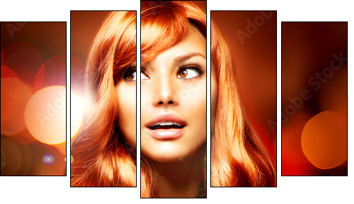 Beautiful Girl With Shiny Red Long Hair over Blinking Background  - Obraz pięcioczęściowy, Pentaptyk