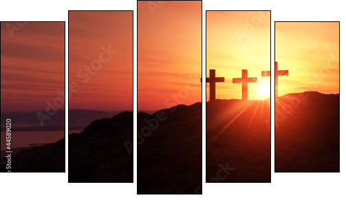 3 Kreuze am HÃ¼gel bei Sonnenuntergang  - Obraz pięcioczęściowy, Pentaptyk