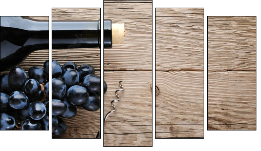 Bottle of wine, corkscrew and grape on wooden background  - Obraz pięcioczęściowy, Pentaptyk
