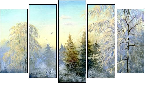 beautiful winter landscape, canvas, oil  - Obraz pięcioczęściowy, Pentaptyk
