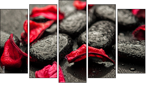 background spa. black stones and red petals with water droplets  - Obraz pięcioczęściowy, Pentaptyk