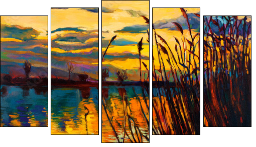 Lake on sunset  - Obraz pięcioczęściowy, Pentaptyk