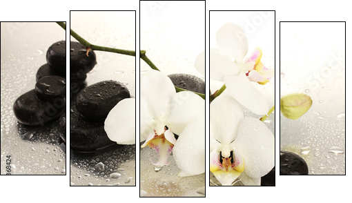 Spa stones and orchid flowers, isolated on white.  - Obraz pięcioczęściowy, Pentaptyk