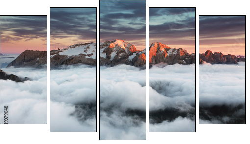 Beautiful spring landscape in the mountains. Sunset - Italy Dolo  - Obraz pięcioczęściowy, Pentaptyk