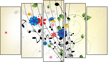 Floral musical background with notes  - Obraz pięcioczęściowy, Pentaptyk