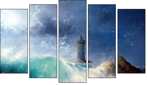 Seascape Wave and lighthouse  - Obraz pięcioczęściowy, Pentaptyk