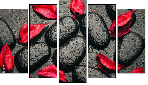 background spa. black stones and red petals with water droplets  - Obraz pięcioczęściowy, Pentaptyk