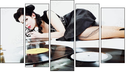 Sexy girl with phonography analogue record music lover  - Obraz pięcioczęściowy, Pentaptyk