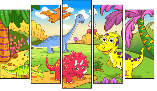 Cute dinosaurs in prehistoric scene  - Obraz pięcioczęściowy, Pentaptyk