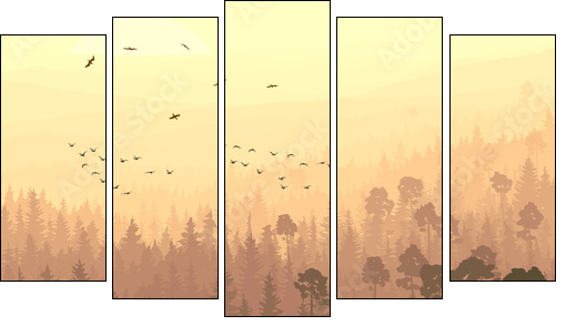 Wild birds in coniferous wood in morning fog.  - Obraz pięcioczęściowy, Pentaptyk