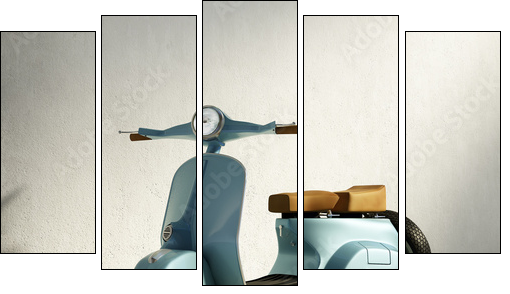 Vintage blue motorcycle vespa, by wall with fallen leaves  - Obraz pięcioczęściowy, Pentaptyk