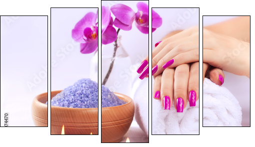 female hands with fragrant orchid and towel. Spa  - Obraz pięcioczęściowy, Pentaptyk