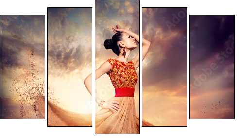 Dancing Fashion Woman wearing Blowing Long Chiffon Dress  - Obraz pięcioczęściowy, Pentaptyk