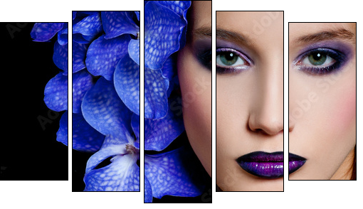 Fashionable beautiful woman with orchid in her hair  - Obraz pięcioczęściowy, Pentaptyk