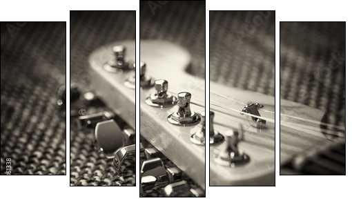 Electrical guitar headstock closeup. Sepia effect with vignette  - Obraz pięcioczęściowy, Pentaptyk