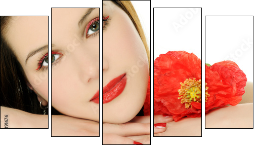 beautiful girl with poppy  - Obraz pięcioczęściowy, Pentaptyk