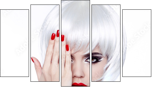 White Hair and Red Nails. Fashion Beauty Girl. Red lips. Manicur  - Obraz pięcioczęściowy, Pentaptyk
