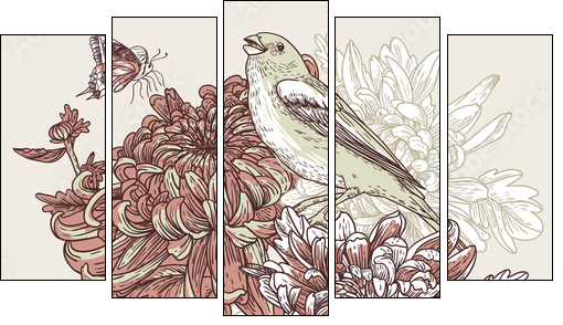 Flowers with bird illustration  - Obraz pięcioczęściowy, Pentaptyk