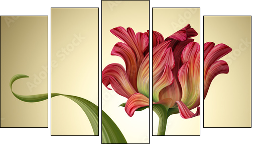 illustration of a beautiful red tulip flower with ladybug  - Obraz pięcioczęściowy, Pentaptyk
