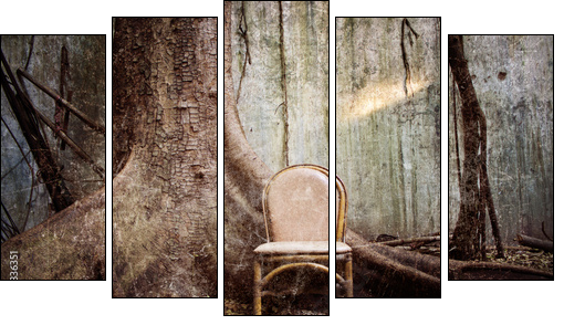 the tree, the old chair and the ruined wall - Grunge textured  - Obraz pięcioczęściowy, Pentaptyk