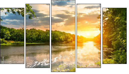 Sunset over the river in the forest  - Obraz pięcioczęściowy, Pentaptyk
