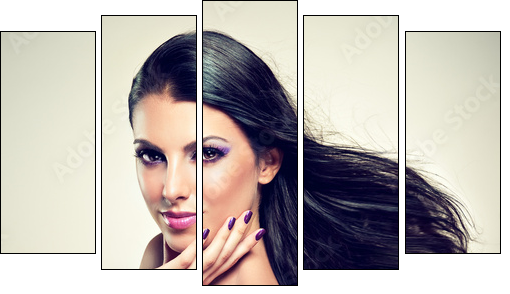 Beautiful brunette with long hair flying  - Obraz pięcioczęściowy, Pentaptyk