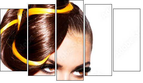 Fashion Model Girl Portrait with Yellow and Orange Makeup  - Obraz pięcioczęściowy, Pentaptyk