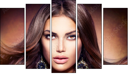 Glamour Beautiful Woman with Blowing Brown Hair  - Obraz pięcioczęściowy, Pentaptyk