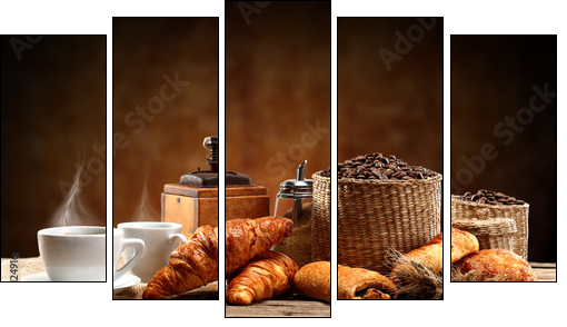 brown background and warm coffee  - Obraz pięcioczęściowy, Pentaptyk