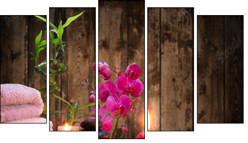 massage - bamboo - orchid, towels, candles stones  - Obraz pięcioczęściowy, Pentaptyk