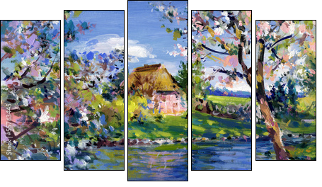 frÃ¼hling landschaft malerei  - Obraz pięcioczęściowy, Pentaptyk