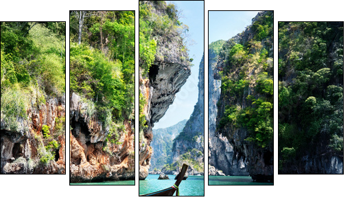 long boat and rocks on railay beach in Krabi, Thailand  - Obraz pięcioczęściowy, Pentaptyk