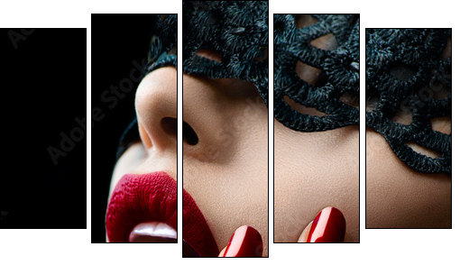 Beautiful Woman with Black Lace mask over her Eyes  - Obraz pięcioczęściowy, Pentaptyk
