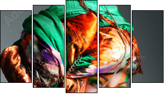 photo of redheaded girl in a head-dress from the coloured fabric  - Obraz pięcioczęściowy, Pentaptyk