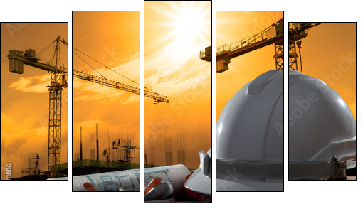 safety helmet and architect pland on wood table with sunset scen  - Obraz pięcioczęściowy, Pentaptyk