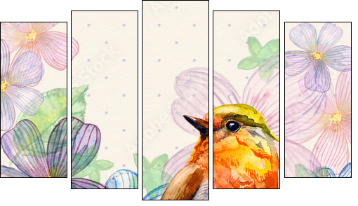 Floral retro card watercolor  - Obraz pięcioczęściowy, Pentaptyk
