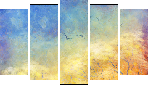 Digital oil painting autumn trees, flying birds  - Obraz pięcioczęściowy, Pentaptyk