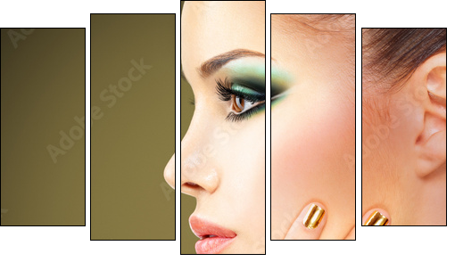 Glamour woman with beautiful golden nails and emerald ring  - Obraz pięcioczęściowy, Pentaptyk