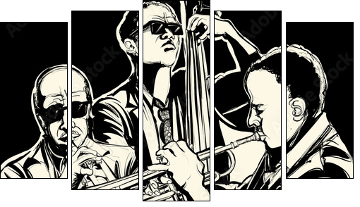 jazz band with  trumpet and double bass  - Obraz pięcioczęściowy, Pentaptyk