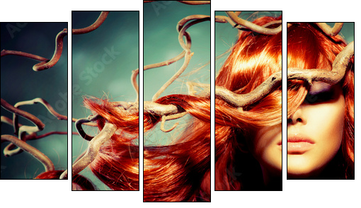 Fashion Model Woman Portrait with Long Curly Red Hair  - Obraz pięcioczęściowy, Pentaptyk