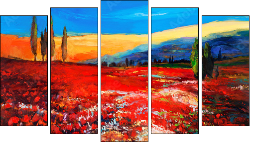 Poppy fields  - Obraz pięcioczęściowy, Pentaptyk