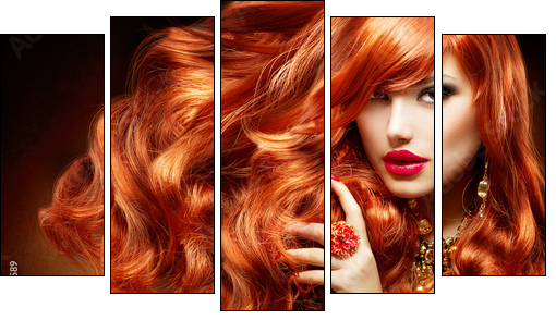 Long Curly Red Hair. Fashion Woman Portrait  - Obraz pięcioczęściowy, Pentaptyk