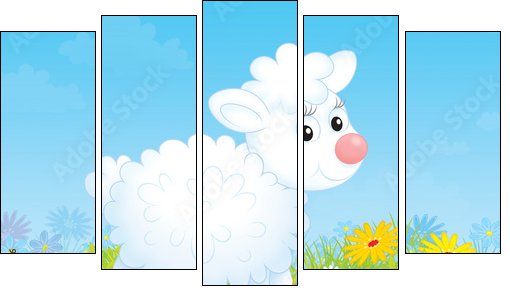 Little white sheep walking on a flowery meadow  - Obraz pięcioczęściowy, Pentaptyk